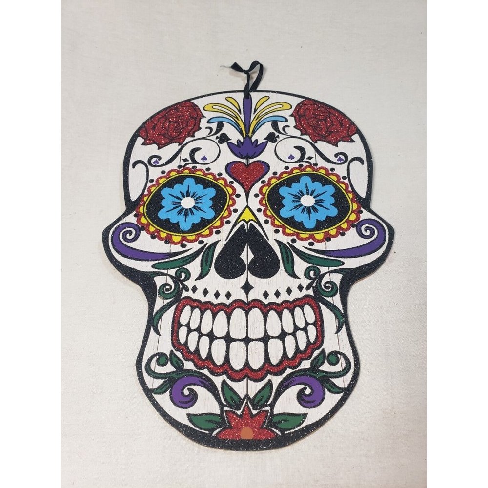 Sugar Skull Wooden Plaque Halloween Day of the Dead Red Heart Flowers Me…